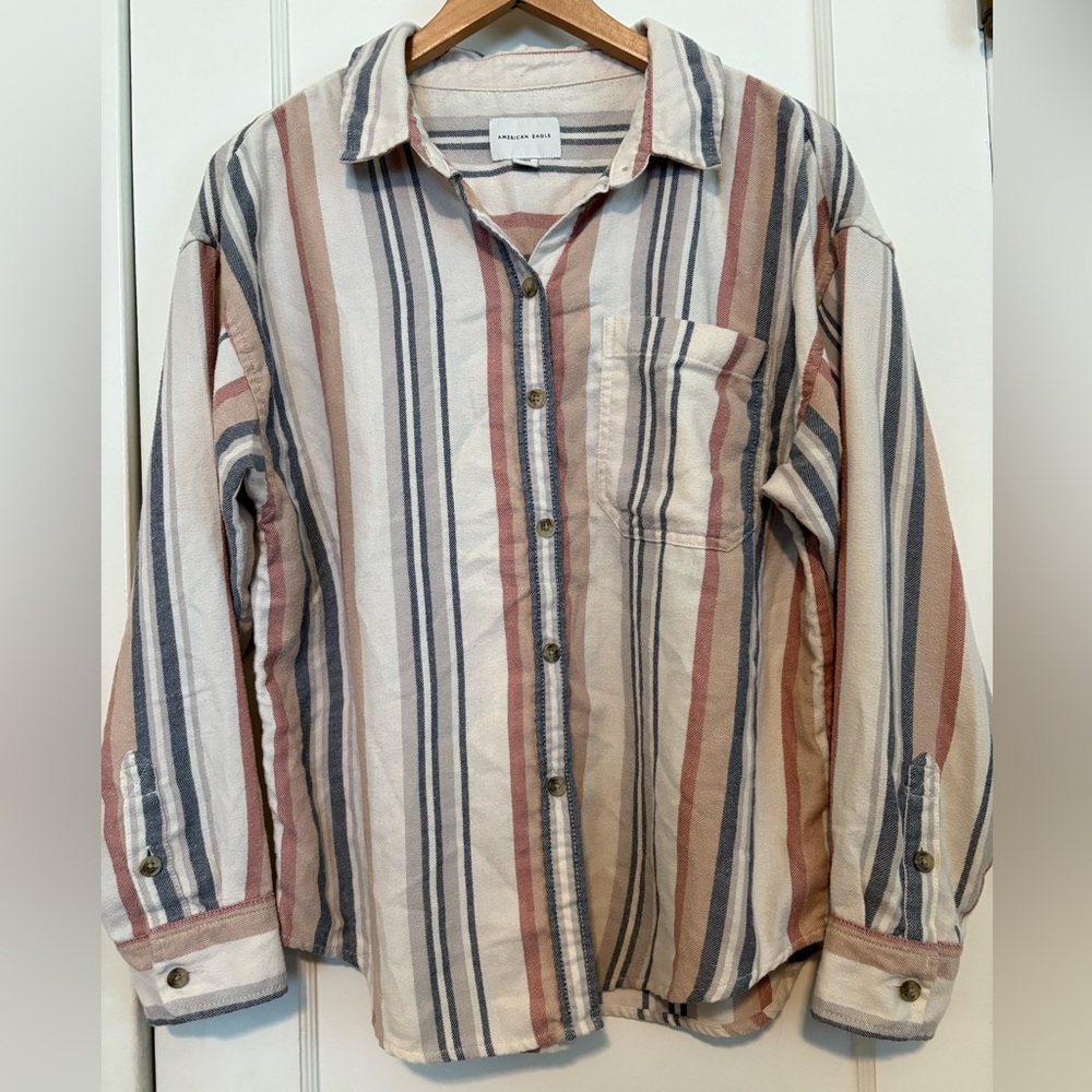 American Eagle Outfitters Blue and Rusty Red Striped Casual Button Down Shirt